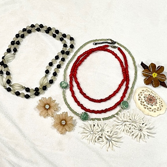 Vintage Coro Austrian Crystal Art Glass Flower Earrings Bead Necklace Lot Retro - Picture 1 of 4